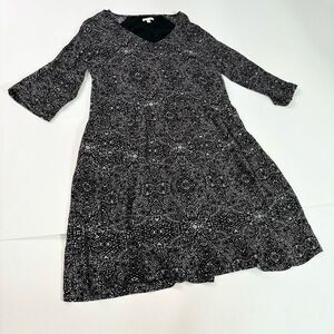 Garnet Hill Dress Womens 14 Black Floral V Neck Midi Casual Mature